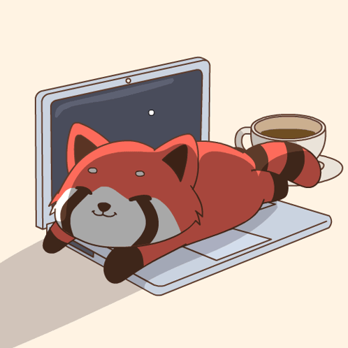A Cartoon Of A Red Panda Laying On Top Of A Laptop Next To A Cup Of Coffee GIF