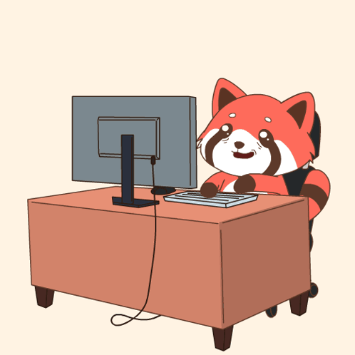 A Cartoon Of A Red Panda Sitting At A Desk With A Computer And The Words Work Work Work Above It GIF