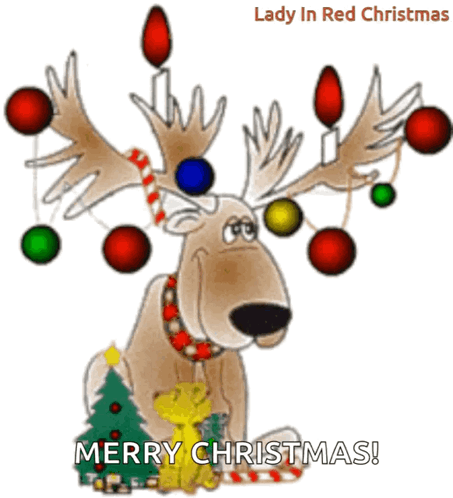 A Cartoon Of A Reindeer Decorated For Christmas With The Words Merry Christmas GIF