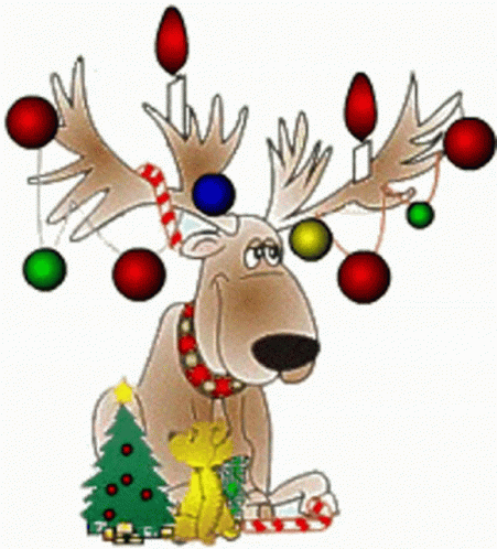 A Cartoon Of A Reindeer With Christmas Decorations On His Antlers GIF