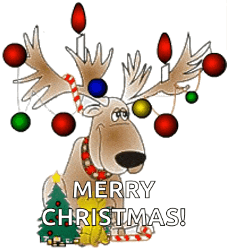A Cartoon Of A Reindeer With Christmas Decorations On Its Antlers Says Merry Christmas . GIF