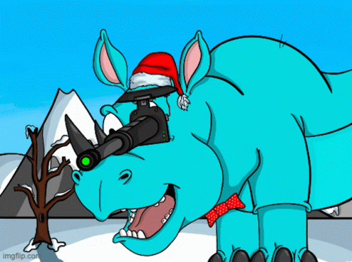 A Cartoon Of A Rhino Wearing Sunglasses And A Red Hat That Says Thirsty Aid GIF