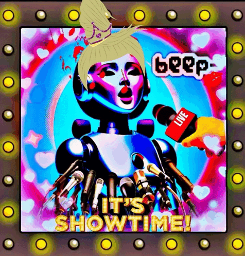 A Cartoon Of A Robot Being Interviewed By A Reporter With The Words It 'S Showtime On The Bottom GIF