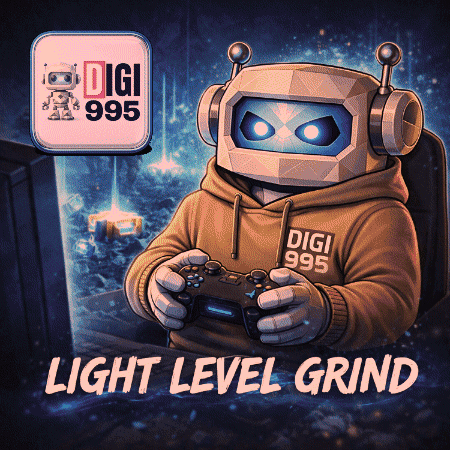 A Cartoon Of A Robot Holding A Video Game Controller With The Words Light Level Grind Below Him GIF