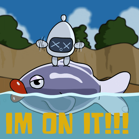 A Cartoon Of A Robot Riding On The Back Of A Fish With The Words Im On It Written Below It GIF