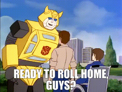 A Cartoon Of A Robot Talking To Two Men With The Caption Ready To Roll Home Guys GIF