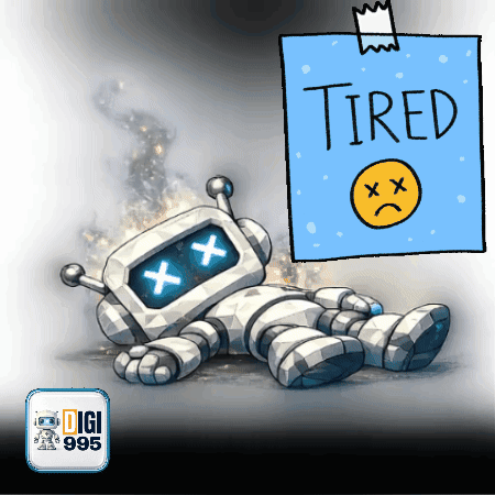 A Cartoon Of A Robot With A Sign That Says Tired On It GIF