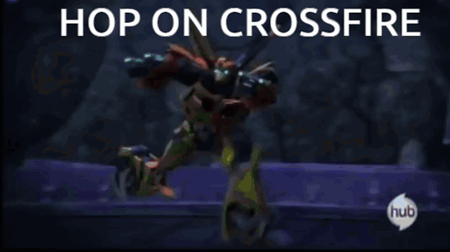 A Cartoon Of A Robot With The Words Hop On Crossfire Written Above It GIF