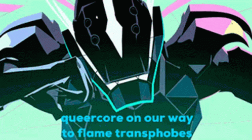 a cartoon of a robot with the words " queercore on our way to flame transphobes "