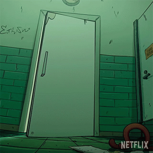 A Cartoon Of A Room With A Door And A Sign That Says Netflix On The Bottom GIF