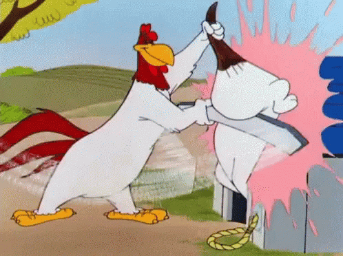 A Cartoon Of A Rooster And A Rabbit Fighting With A Knife GIF