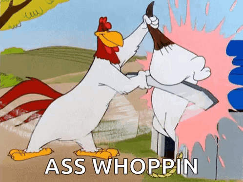 A Cartoon Of A Rooster And A Rabbit Fighting With The Words Ass Whoopin On The Bottom GIF