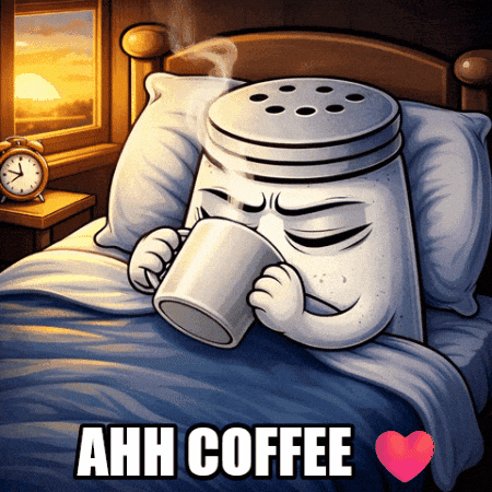 A Cartoon Of A Salt Shaker Drinking A Cup Of Coffee In Bed GIF
