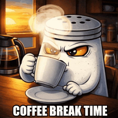 A Cartoon Of A Salt Shaker Drinking A Cup Of Coffee With The Words Coffee Break Time Below It GIF