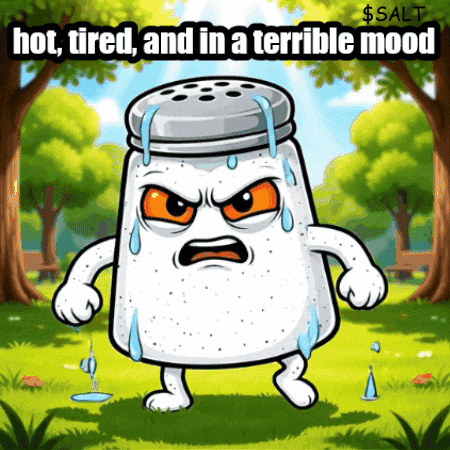 a cartoon of a salt shaker with sweat coming out of it and the words hot tired and in a terrible mood