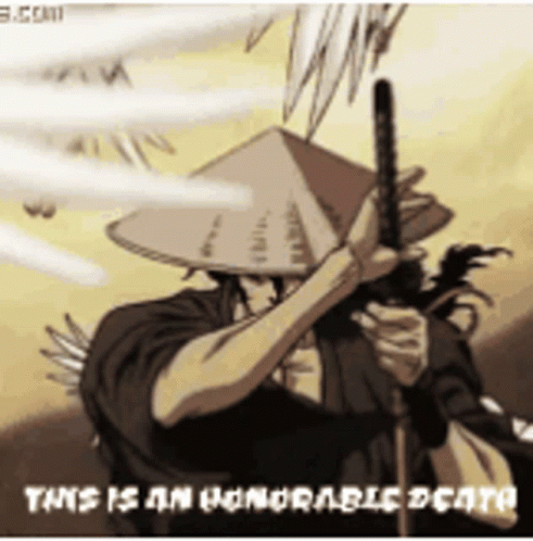 A Cartoon Of A Samurai Holding A Sword With The Words " This Is An Honorable Death " Above Him GIF