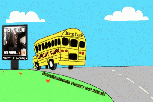 A Cartoon Of A School Bus That Says Uncut Funk On It GIF