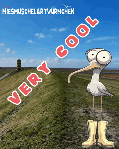 A Cartoon Of A Seagull Wearing Rubber Boots With The Words " Very Cool " Below It GIF