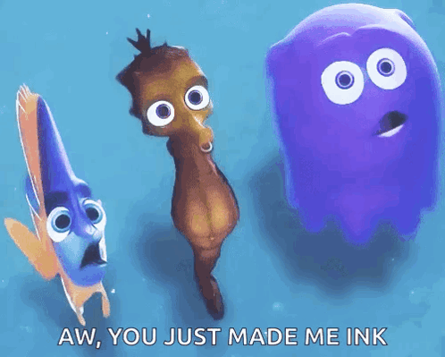 A Cartoon Of A Seahorse A Fish And A Purple Ghost With The Words Aw You Just Made Me Ink GIF