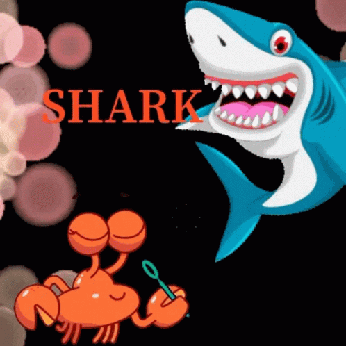 A Cartoon Of A Shark And A Crab With The Word Shark In Red Letters GIF