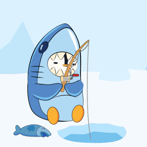 A Cartoon Of A Shark Holding A Fishing Rod In Its Mouth GIF