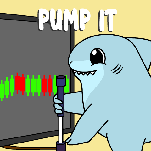 A Cartoon Of A Shark Holding A Pump In Front Of A Screen That Says " Pump It " GIF