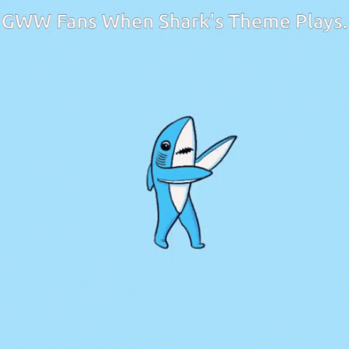 A Cartoon Of A Shark On A Blue Background With The Words Gww Fans When Shark 'S Theme Plays GIF
