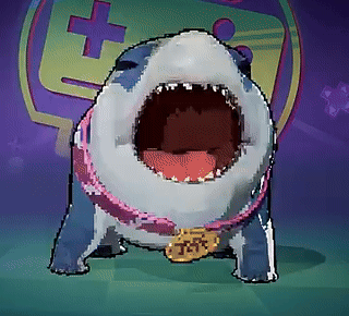 A Cartoon Of A Shark With Its Mouth Open And A Necklace That Says J.l.s. GIF