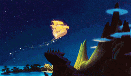 A Cartoon Of A Ship Flying Over A Mountain GIF