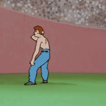 A Cartoon Of A Shirtless Man In Blue Pants Dancing On A Green Field GIF