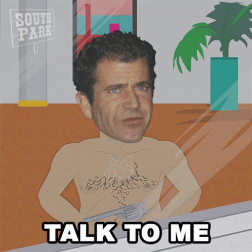 a cartoon of a shirtless man with a gun and the words talk to me below him