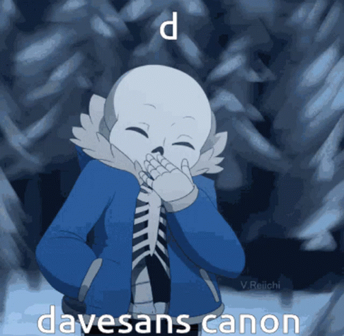A Cartoon Of A Skeleton Covering His Mouth With His Hand And The Words " Davesans Canon " Above Him GIF