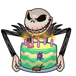 a cartoon of a skeleton holding a birthday cake with candles
