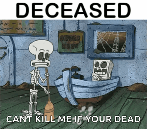 A Cartoon Of A Skeleton Holding A Broom Next To A Boat That Says Deceased On It GIF