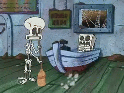 A Cartoon Of A Skeleton Holding A Broom Next To A Boat With A Sign Above It That Says " Opened " GIF