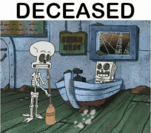 A Cartoon Of A Skeleton Holding A Broom Next To A Boat With The Words Deceased Above It GIF