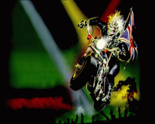 A Cartoon Of A Skeleton Riding A Motorcycle With A Flag GIF