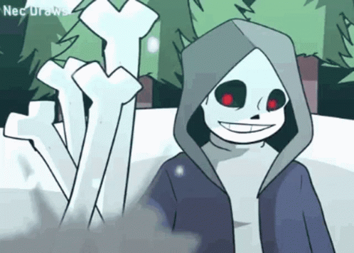 a cartoon of a skeleton wearing a hooded jacket and red eyes