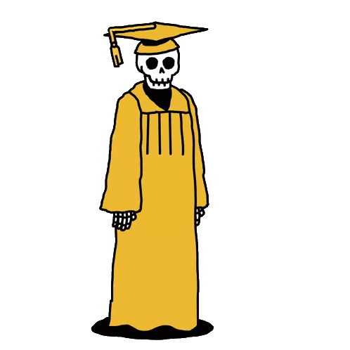 a cartoon of a skeleton wearing a yellow graduation cap and gown