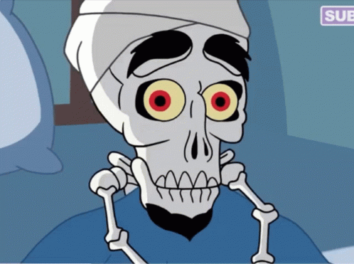 A Cartoon Of A Skeleton With A Bandage On His Head And A Sub Button GIF