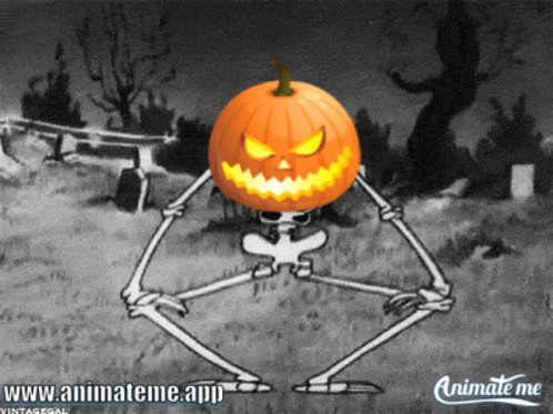 A Cartoon Of A Skeleton With A Pumpkin On His Head And The Website Www.animateme.app GIF