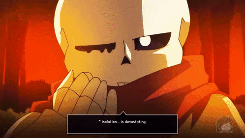 A Cartoon Of A Skeleton With A Scarf Around His Neck And The Words " Isolation Is Devastating " GIF