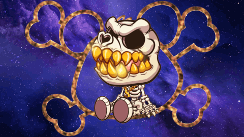 A Cartoon Of A Skeleton With Gold Teeth Is Surrounded By Skulls And Bones GIF