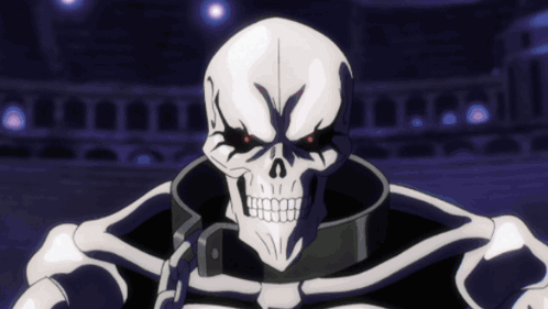 A Cartoon Of A Skeleton With Red Eyes And A Chain Around His Neck GIF