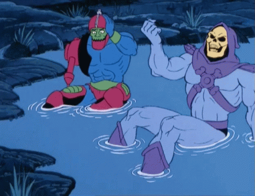 A Cartoon Of A Skeletor And A Robot In A Body Of Water GIF