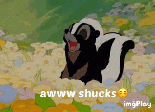 A Cartoon Of A Skunk With The Words Awww Shucks Behind Him GIF
