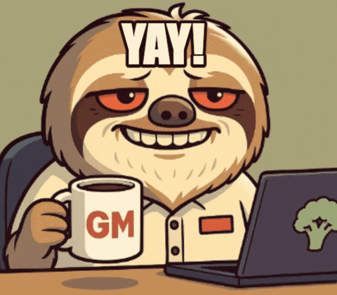a cartoon of a sloth holding a mug that says gm on it