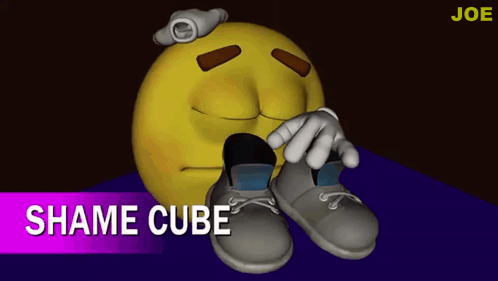 A Cartoon Of A Smiley Face With The Words " Shame Cube " Above It GIF