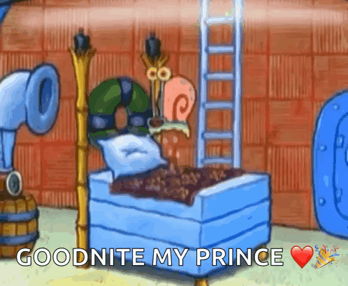A Cartoon Of A Snail On A Bed With The Words Goodnite My Prince Above It GIF