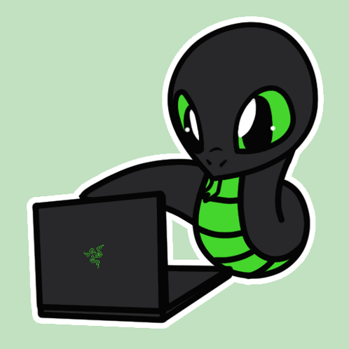 A Cartoon Of A Snake Using A Laptop With A Razer Logo On It GIF